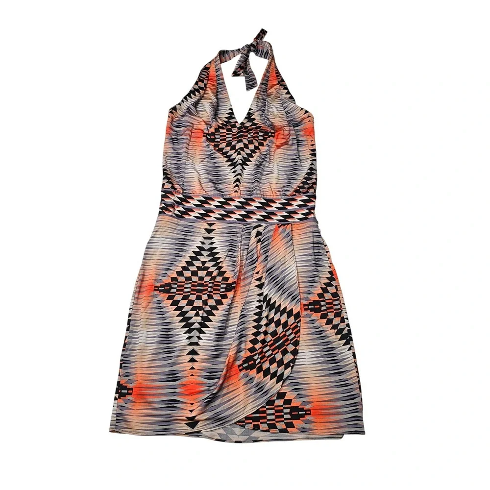 BCBGMAXAZRIA Halter‎ Deep V-Neck Dress Aztec Geo Stretch Orange Navy XS NWT